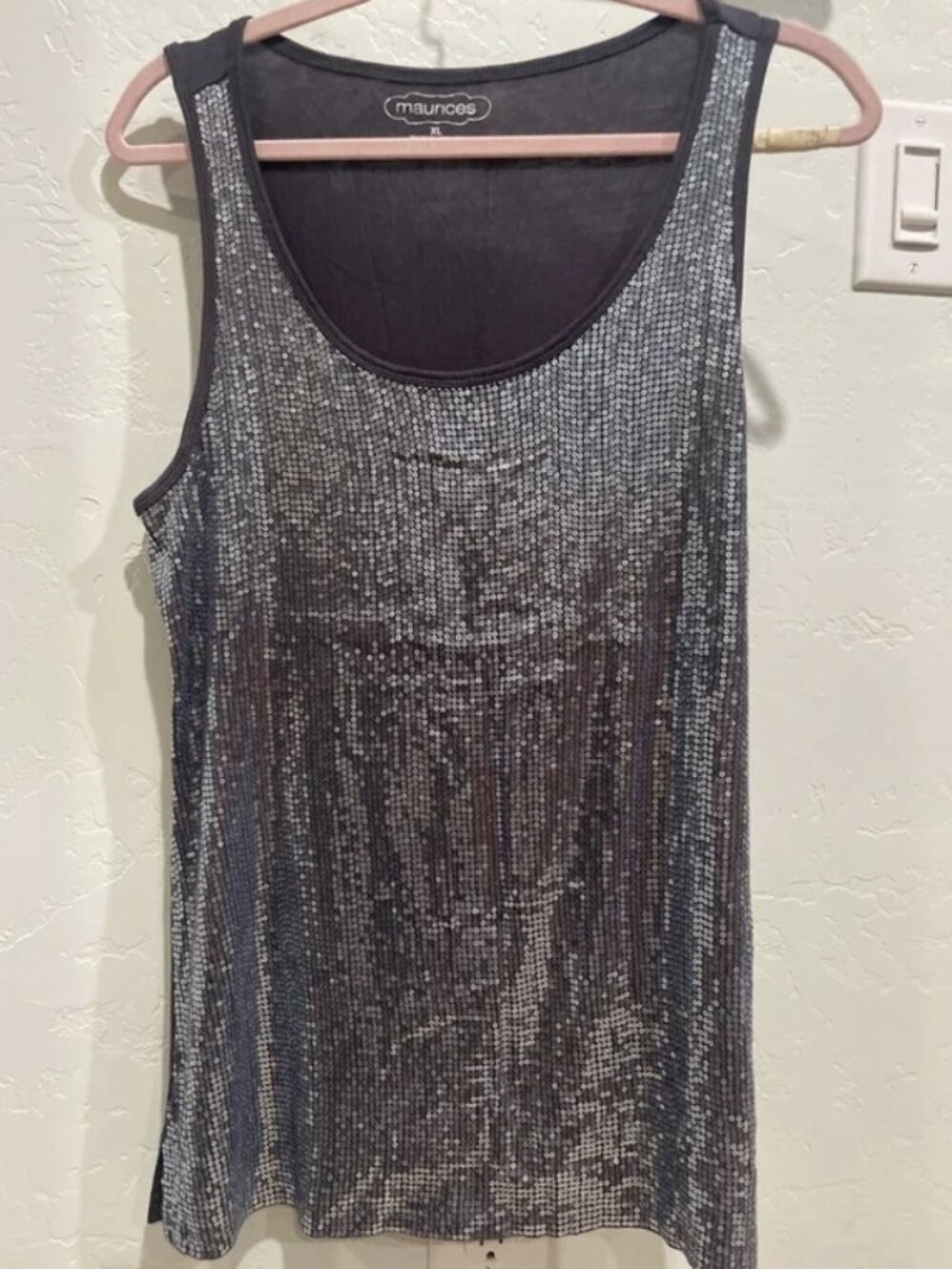 Maurices Rayon Women Sequin Tank Top Dark Gray & Silver, Scoop Neck